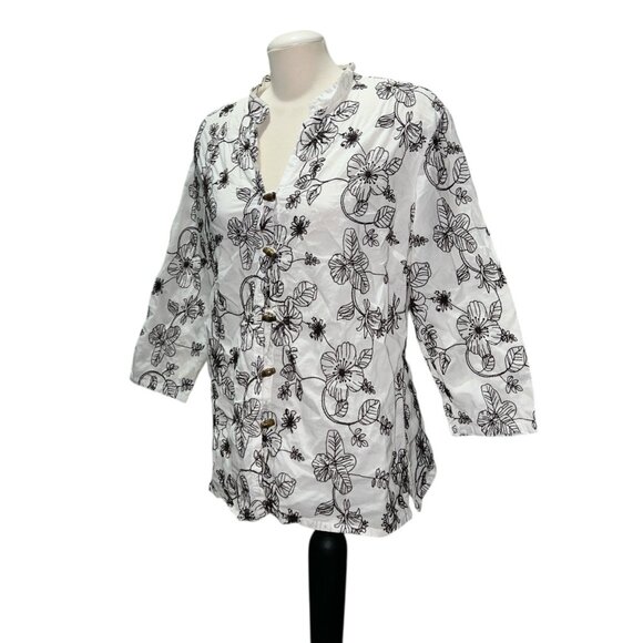 Charter Club Womens White & Black Floral Embroidered Cotton Button-Down Blouse S - Picture 10 of 13